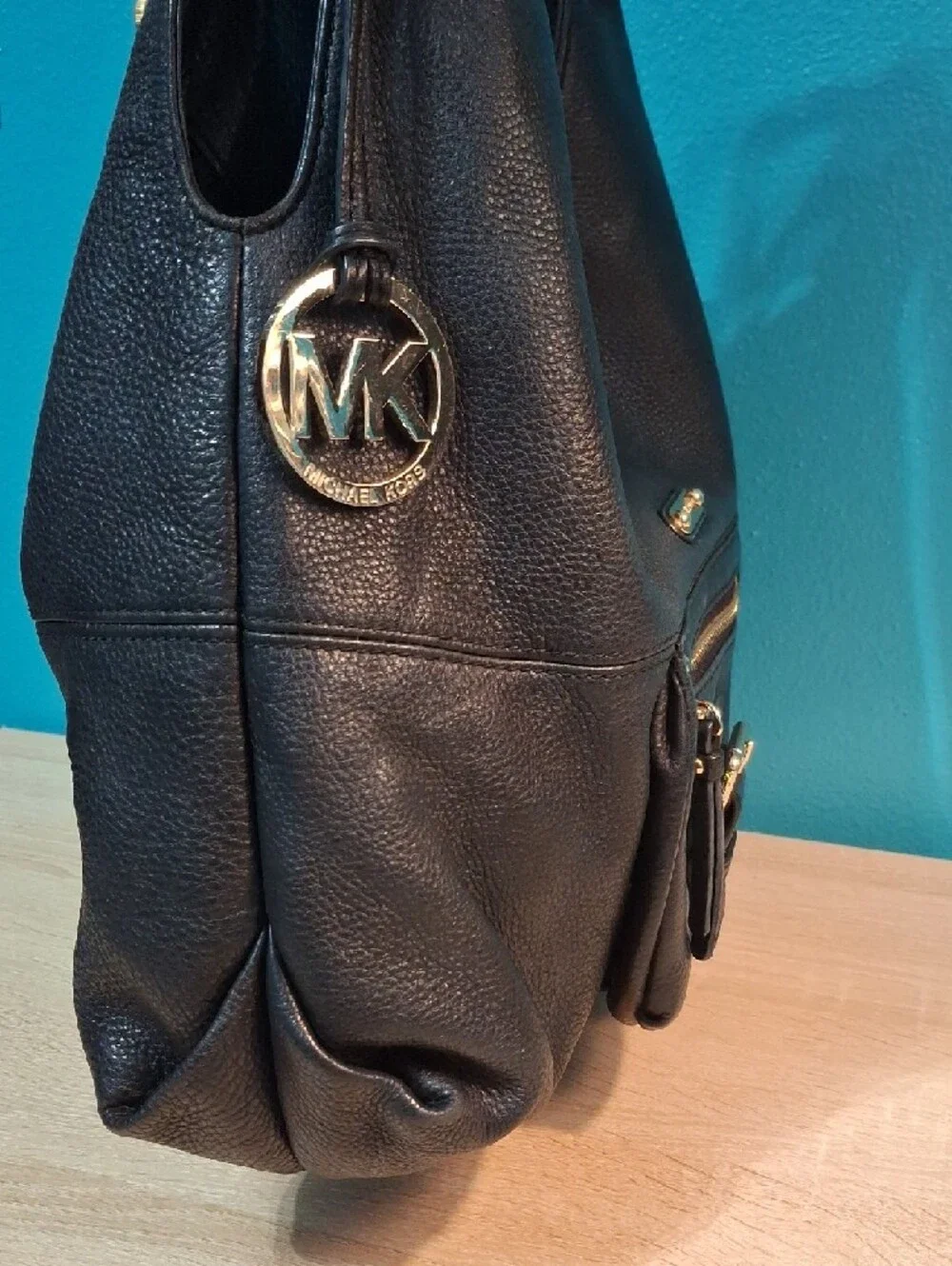 Michael Kors Fulton Black Pebbled Leather Hobo with Gold Hardware